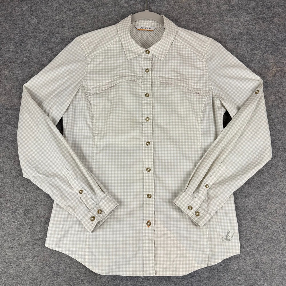 Orvis River Guide Button Up Shirt Gingham Check Gray Womens Small S